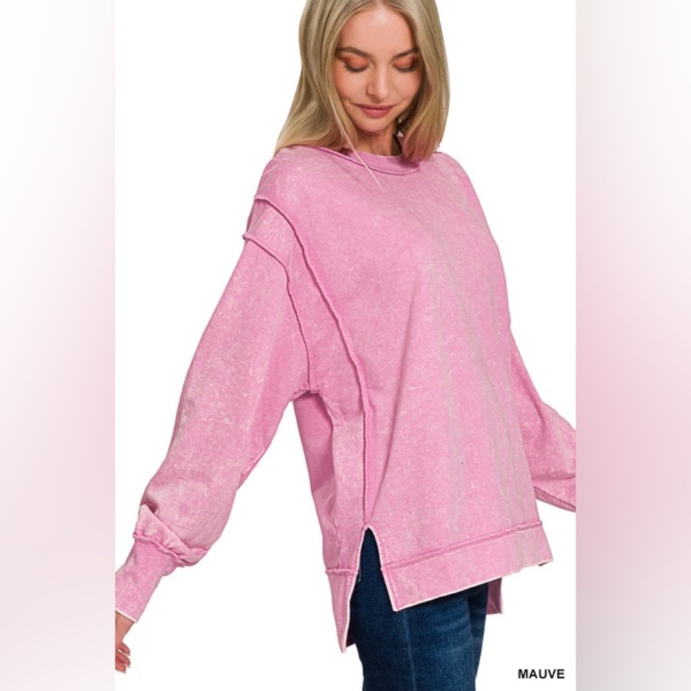 #050 Last 1! ACID WASH F/TERRY EXPOSED-SEAM SWEATSHIRT in Mauve - Picture 2 of 4